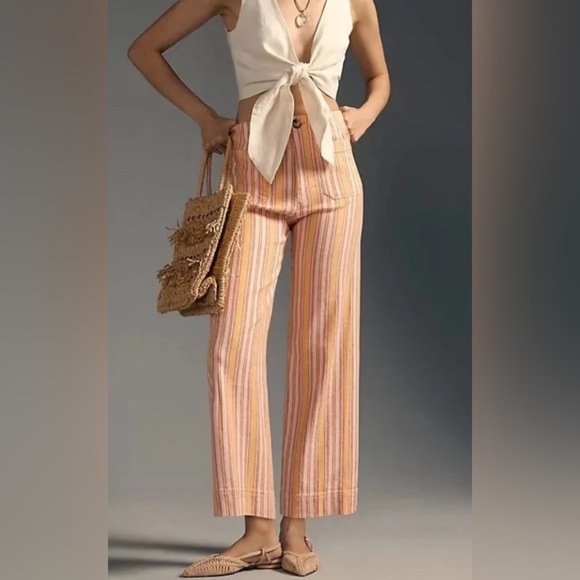 Anthropologie x Maeve Colette Striped Linen Blend Cropped Wide Leg Pants - Sz 28 - Picture 9 of 12